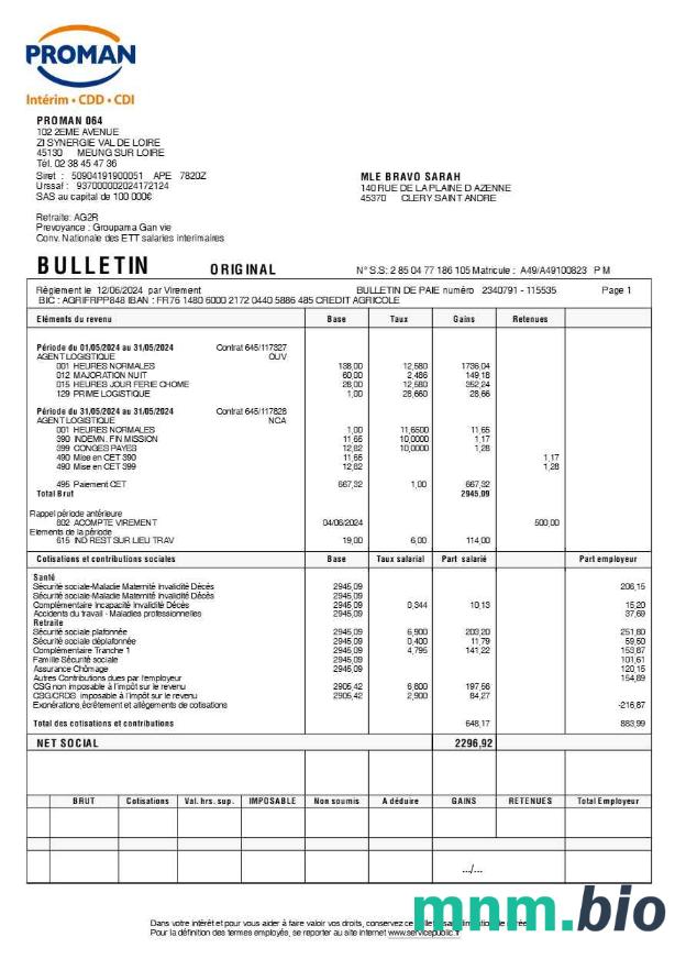 Szablon ProMan recrutement payslip (w języku francuskim) w formatach Word i PDF, Wersja 2